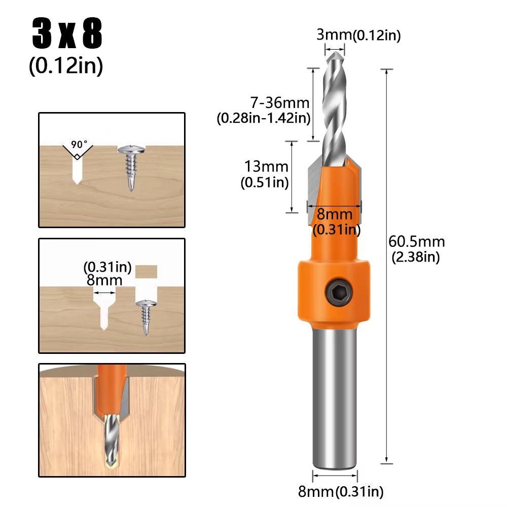8Mm Shank HSS Woodworking Countersink Router Bit Set Screw Extractor Remon Demolition for Wood Milling Cutter